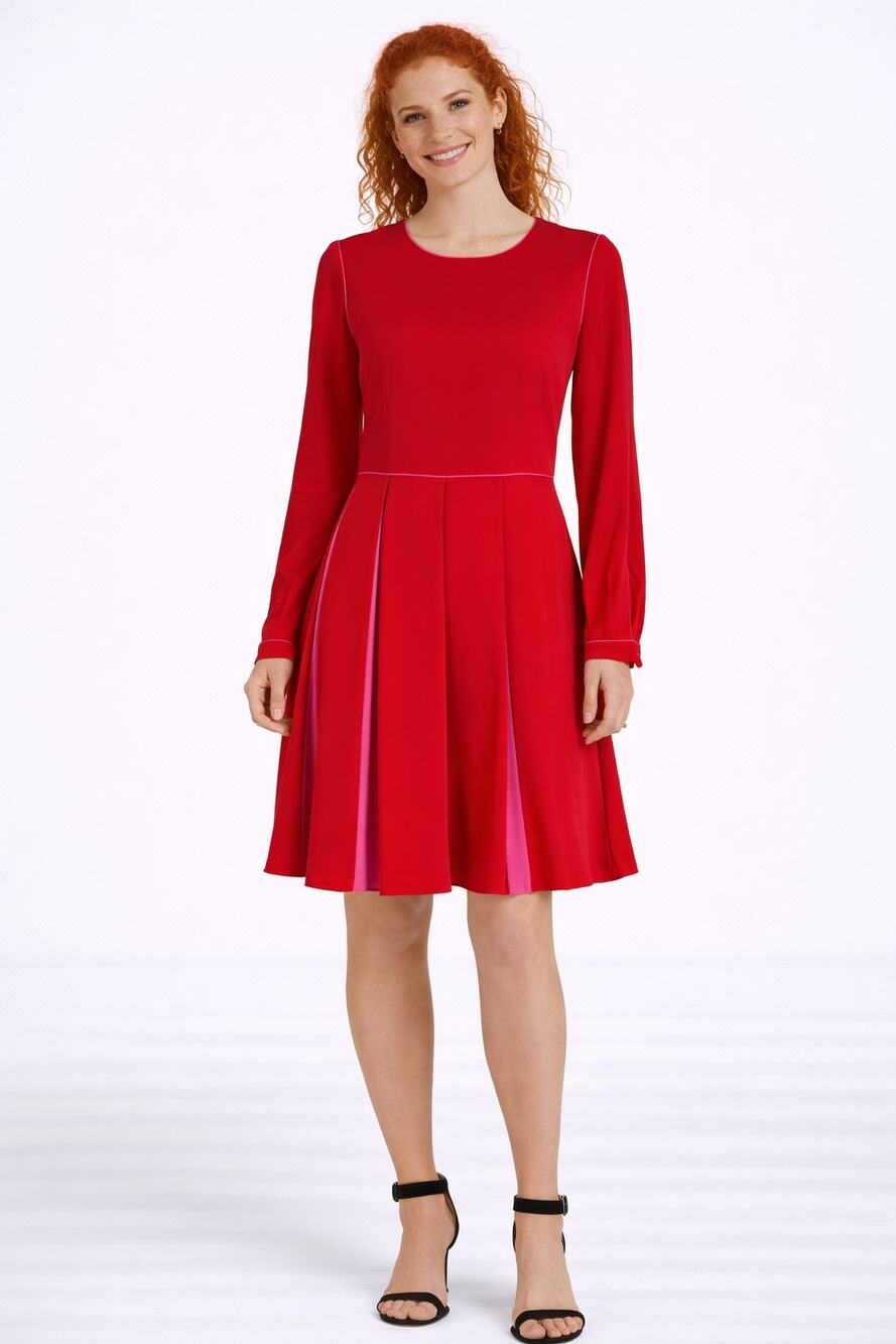 Mikael Aghal Long Sleeve Pleated Two Tone Crepe Dress Red Pink Womens Size 4